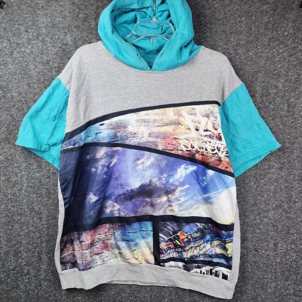 Fly Society Graphic Hoodie Mens XL Grey‎ Teal Short Sleeve Streetwear Graffiti